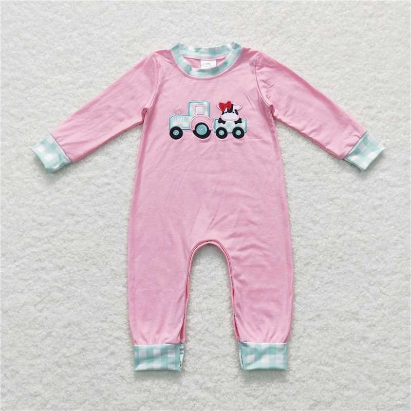 LR0376Cow tractor pink long sleeves baby girls romper