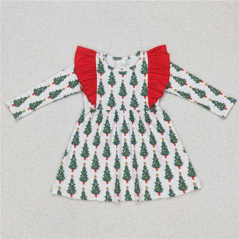 GLD0377RTS NO MOQ Baby Girls Winter Dress Baby Girls Christmas Tree Ruffle Long SleeveKnee Length Dresses