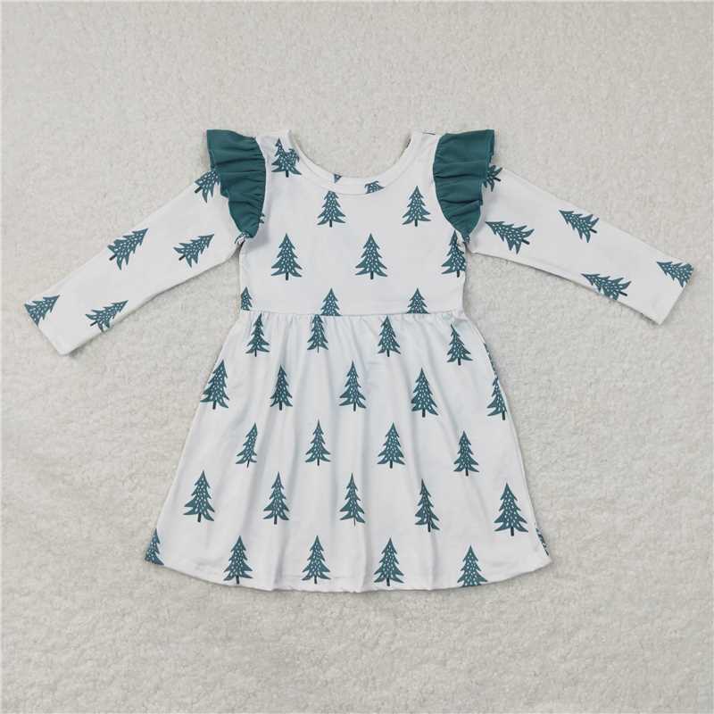11.24 RTS NO MOQ (In stock)GLD0440 Baby Girls Christmas Green Tree Long Sleeve Dresses