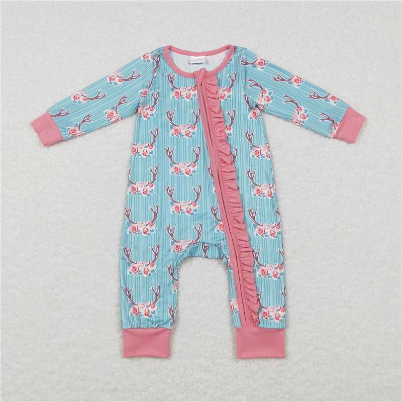 LR0712Deer floral long sleeves baby girls zipper romper