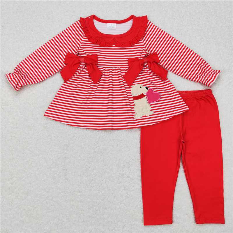 10.20 RTS NO MOQ (In stock) Matching Valentines GLP0891 Baby Girls Valentines Red Stripes Dog Long Sleeve Tunic Legging