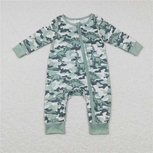 RTS LR0718 Dinosaur dark green zipper long-sleeved jumpsuit