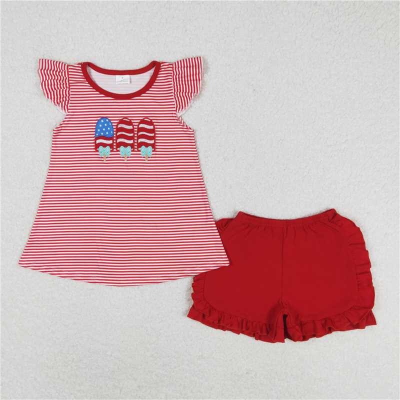 GSSO0759 Embroidered bow star stripe ice cream stripe flying sleeve red shorts suit