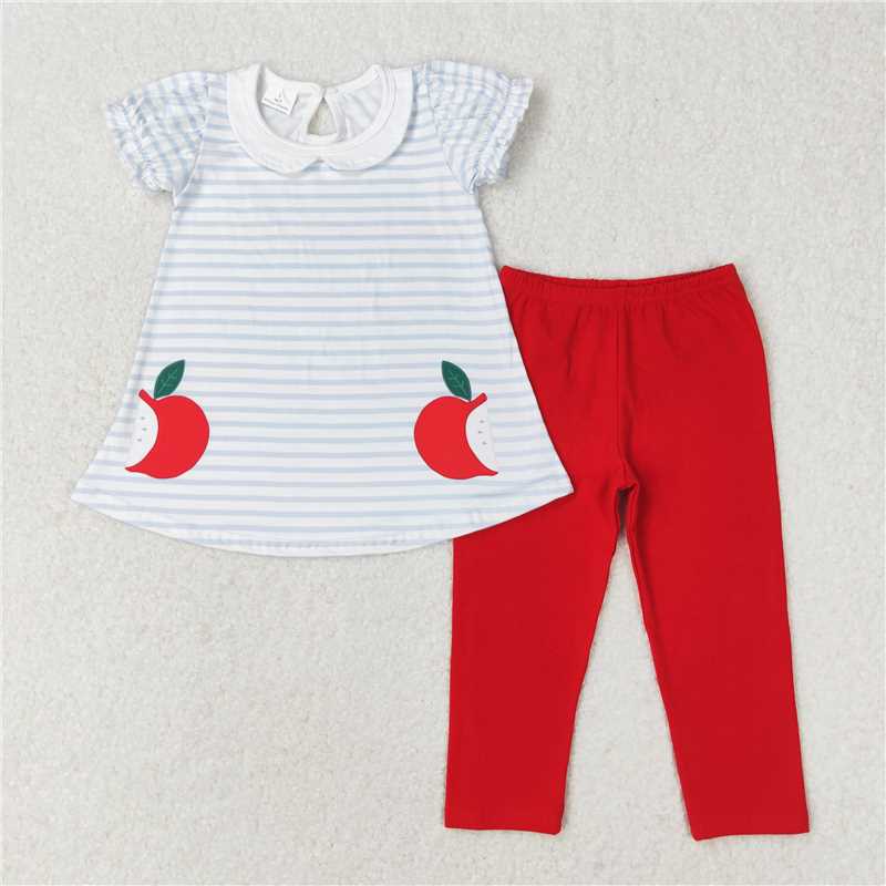 GSPO1446 RTS NO MOQ Baby Girls Spring Outfits Apple striped doll collar short-sleeved red trousers suit