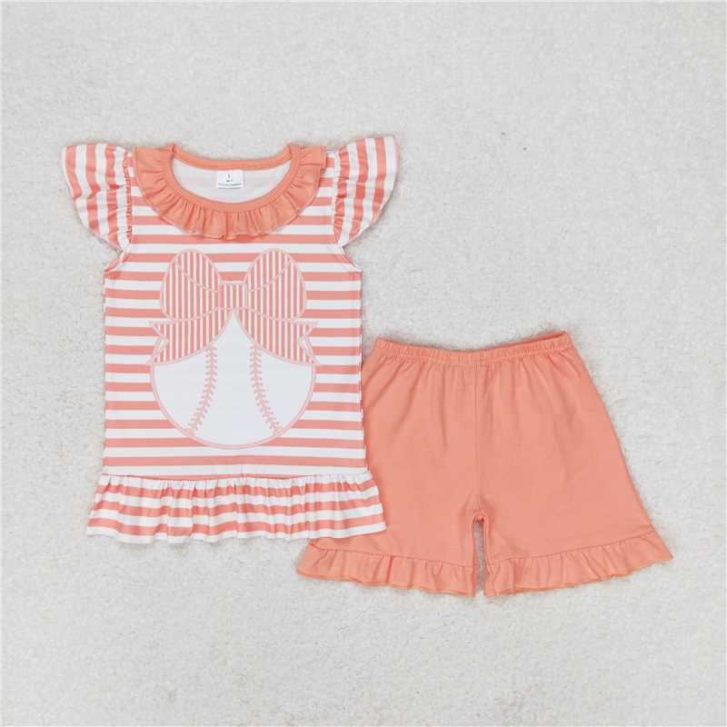 GSSO0633 Bow tie baseball stripe lace flying sleeve shorts set