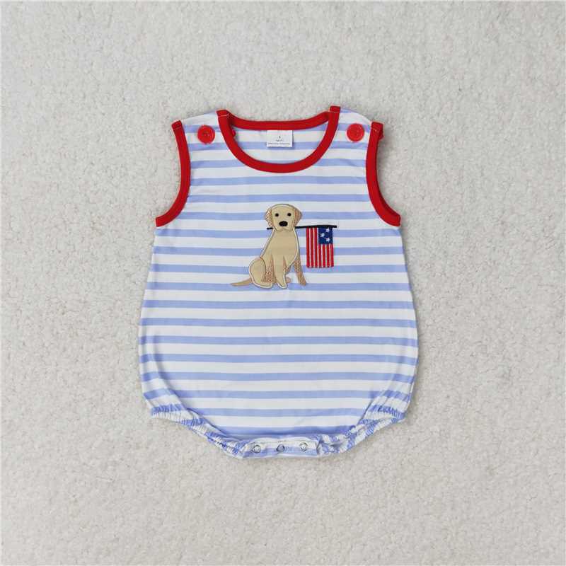 SR1080 RTS NO MOQ Baby Boys Summer Rompers Embroidery Baby Infant Boys Blue Stripes Dog Flag Sleeveless Summer Rompers