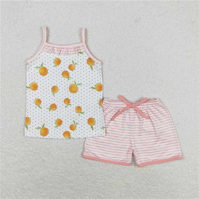 GSSO0909 Orange polka dot white sleeveless striped shorts set
