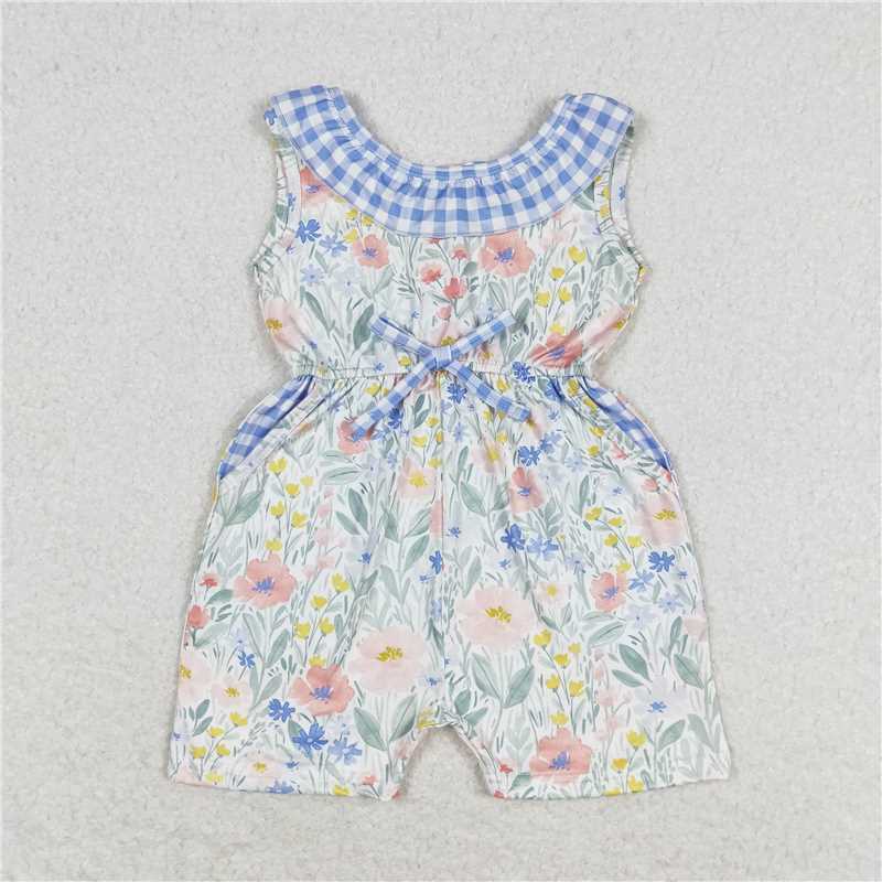 SR1343 Baby Girls Blue Flowers Checkered Sibling Rompers Dresses Clothes Sets