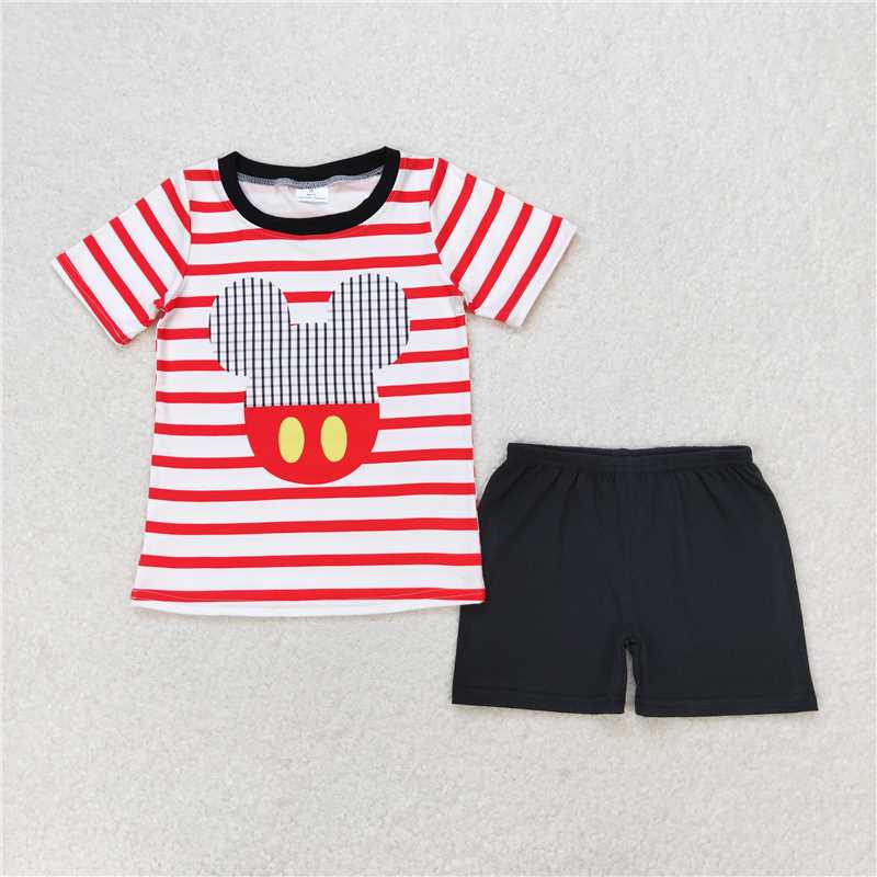 BSSO0801 Baby Boys Red Stripes Cartoon Mouse Shirt Top Shorts Clothes Sets