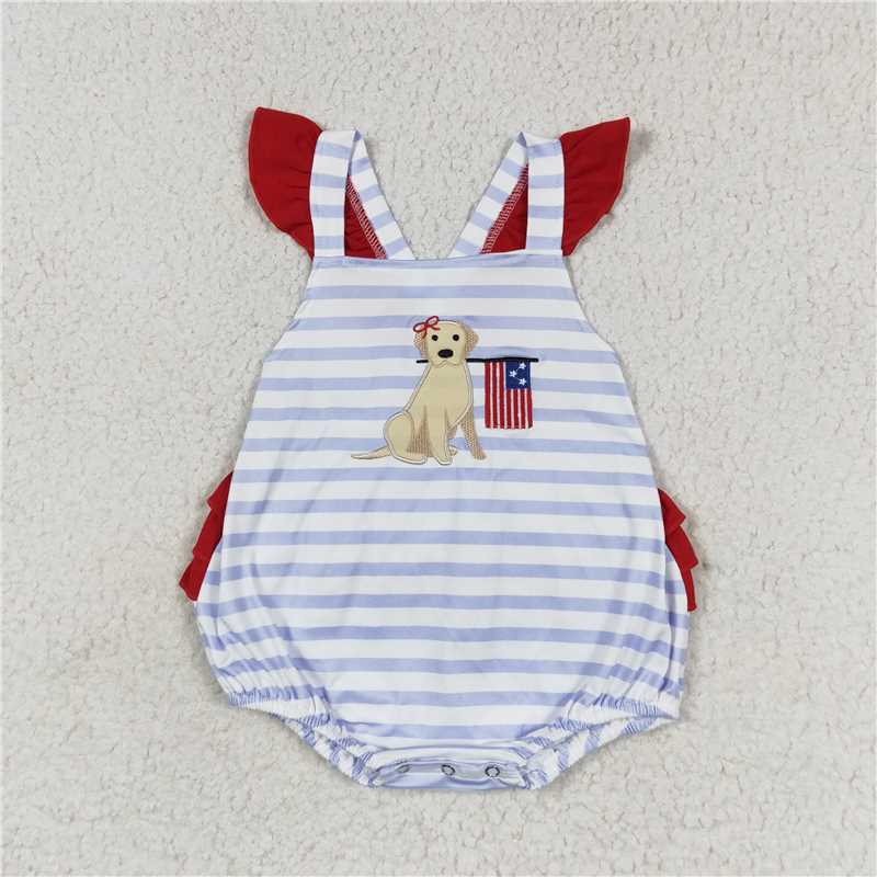 SR1081 Embroidery Baby Girls 4th Of July Dog Flag Sibling Rompers Clothing Sets