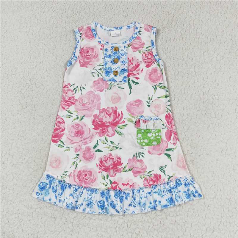 GSD1154 Baby Girls Pink Flowers Sleeveless Knee Length Dresses