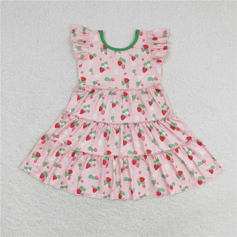 GSD1087 Baby Girls Strawberry Flutter Sleeve Knee Length Dresses