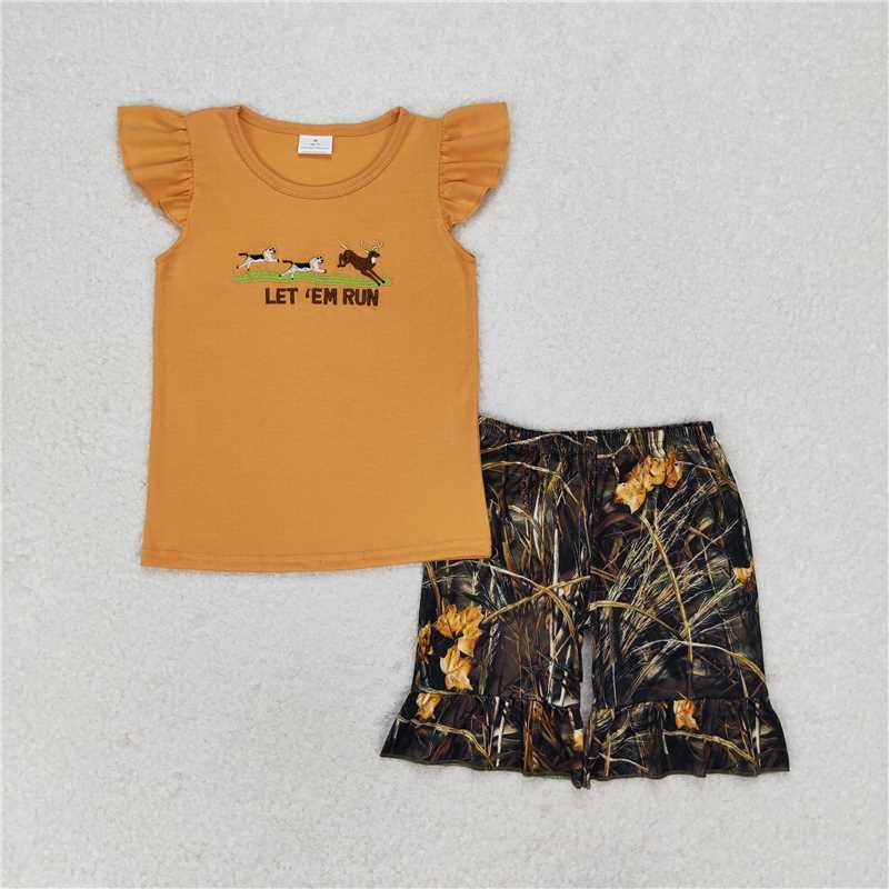 GSSO1263 let run embroidered puppy elk light brown flying sleeves branches and leaves camouflage shorts set