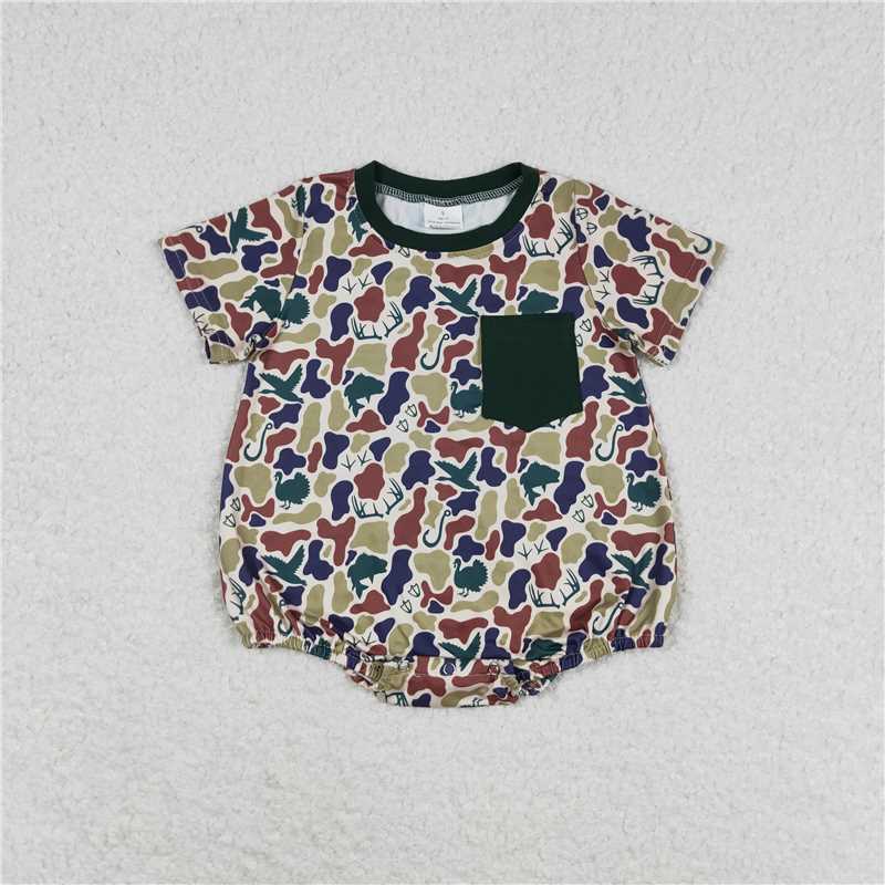 SR1659 Baby Boys Green Camo Short Sleeve Pocket Rompers