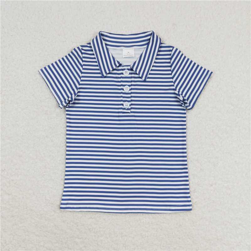 BT0654 Baby Boys Blue Stripes Short Sleeve Buttons Tee Shirts Tops