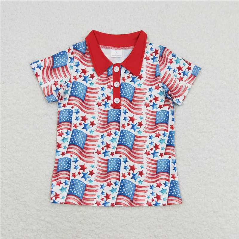 BT0565 Baby Boys 4th Of July Flags Stars Buttons Short Sleeve Tee Shirts