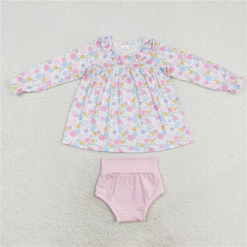 GBO0391 Baby Girls Pink Flowers Long Sleeve Top Bummie Sets