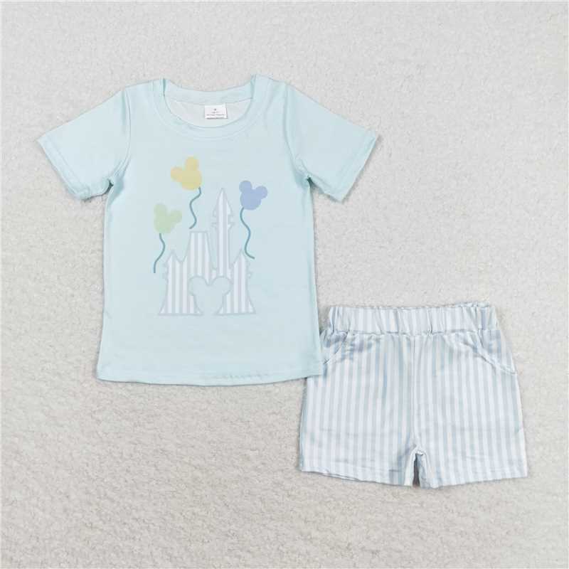 BSSO0777 Baby Boys Blue Castle Shirt Top Shorts Summer Clothes Sets