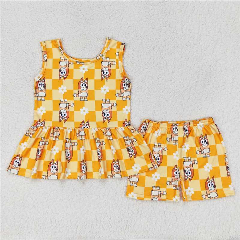 GSSO1249Sleeveless plaid floral yellow dog peplum shorts girls clothes