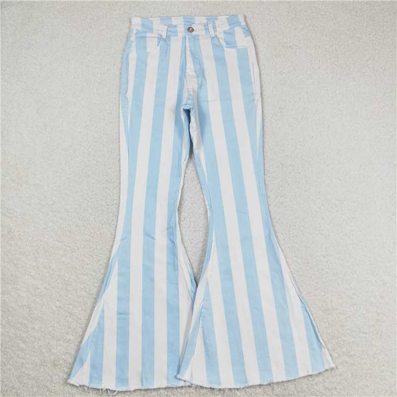 P0458 Adult Women Blue Stripes Denim Bell Pants Jeans