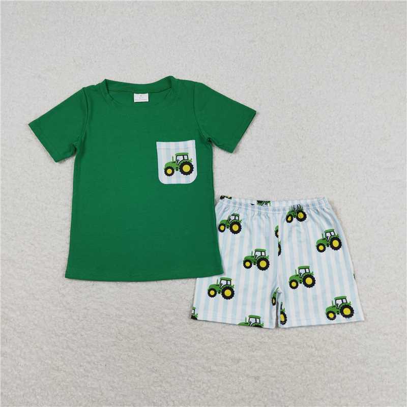 BSSO0903 Baby Boys Green Tee Shirts Tops Tractors Shorts Clothes Sets