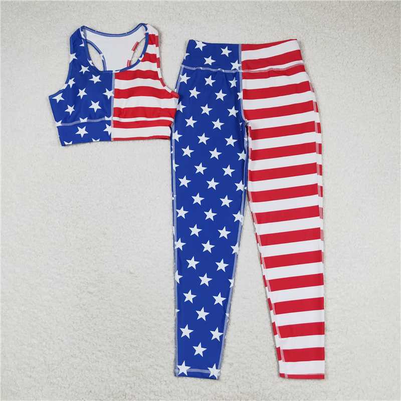 GSPO1486 Adult Women 4th Of July Stars Vest Top Pants Yogo Sports Clothes Sets