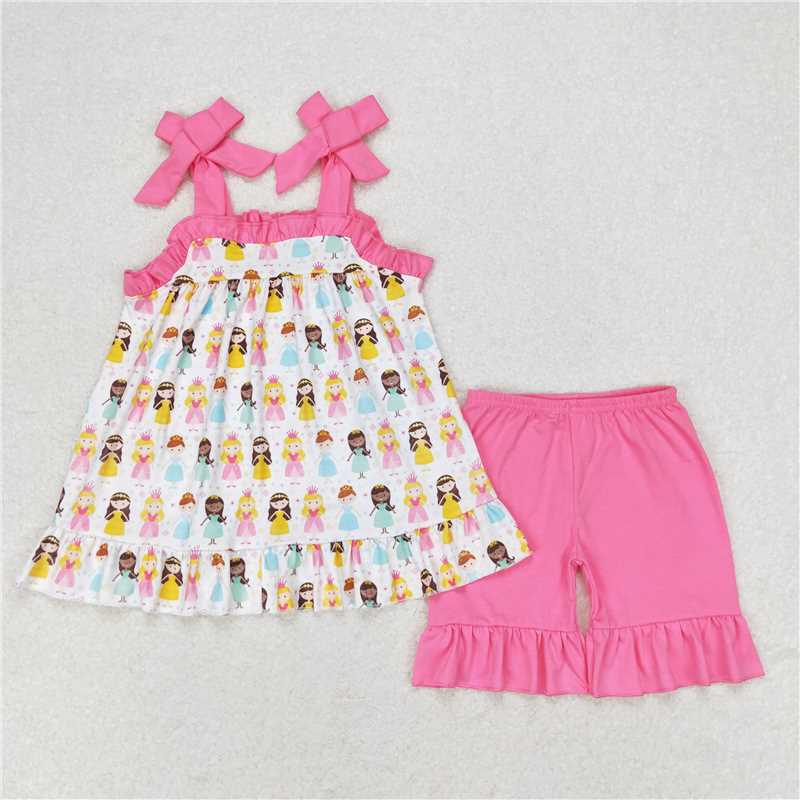 GSSO1045Straps princess tunic ruffle shorts girls summer outfits