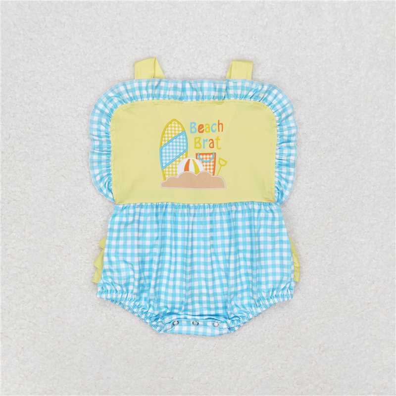 SR0956 Baby Infant Girls Beach Blue Checkered Rompers