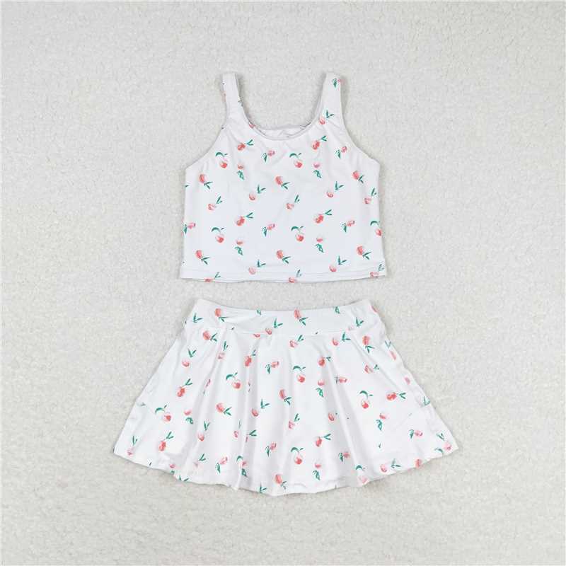 GSD0993 RTS NO MOQ Baby Girls Yoga Outfits Baby Girls Summer White Peach Top Skirts Active Wear Clothes Sets