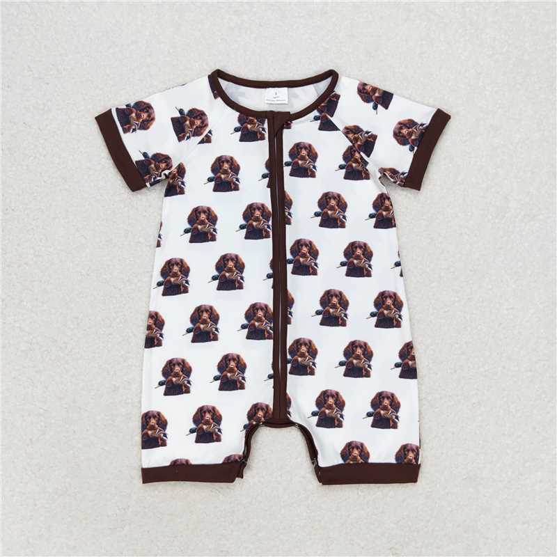 SR1687 Baby Boys Brown Pocket Dogs Sibling Rompers Clothes Sets