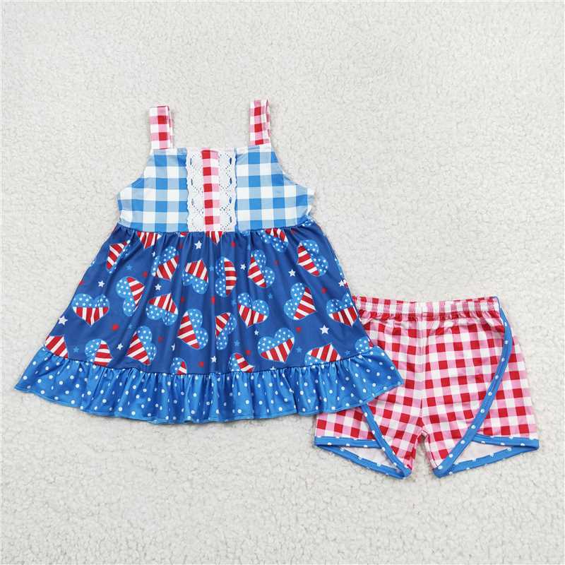 1.7 RTS NO MOQ (In stock)GSSO1294 4th of July Baby Girls 4th Of July Hearts Tunic Tops Shorts Clothes Sets