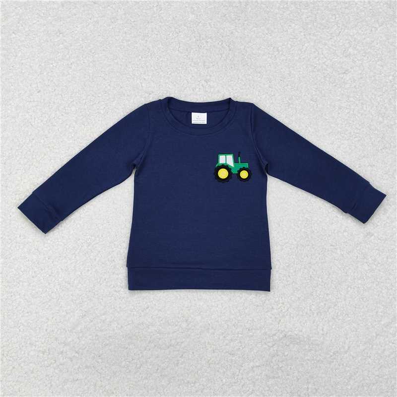 BT0879 Baby Boys Navy Tractor Long Sleeve Tee Shirts Tops