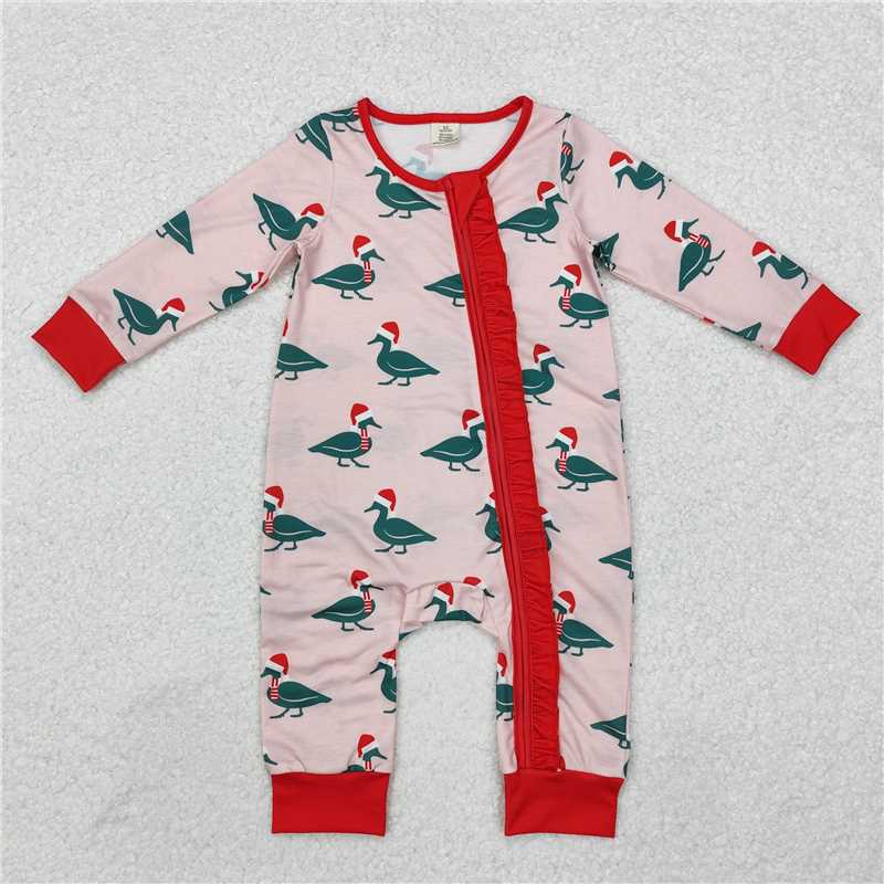 12.4 RTS NO MOQ (In stock)LR1862 Baby Infant Girls Christmas Ducks Zip Bamboo Rompers