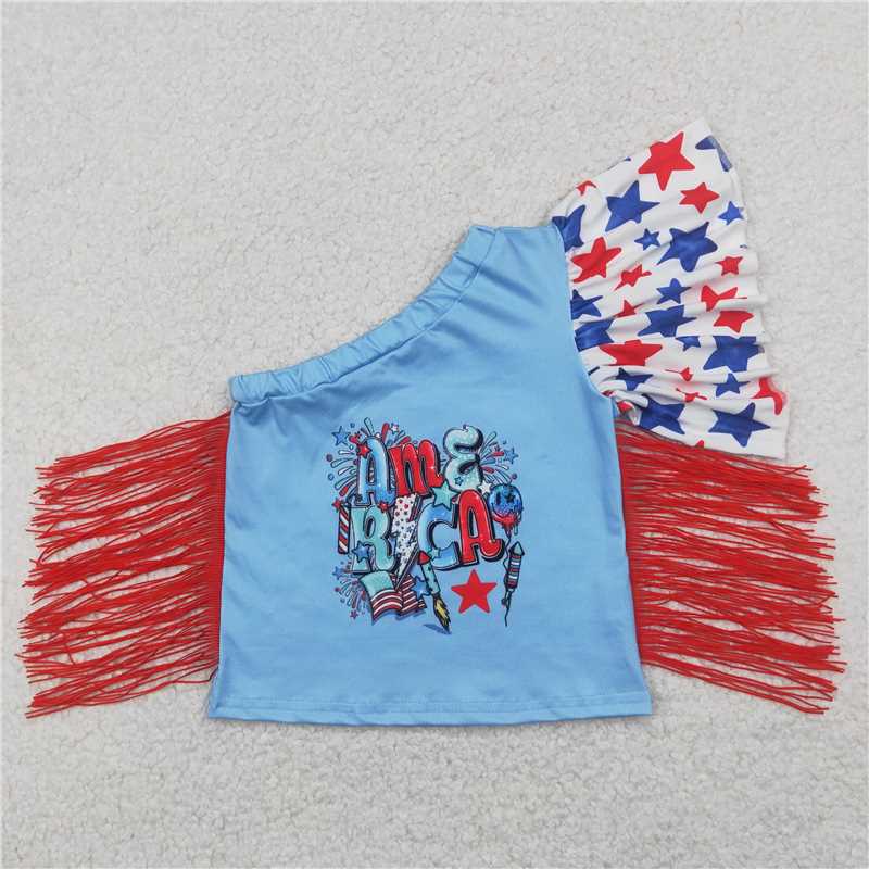 1.5 RTS NO MOQ (In stock)GT0942 4th of July Baby Girls 4th Of July Stars America Fringe Tops