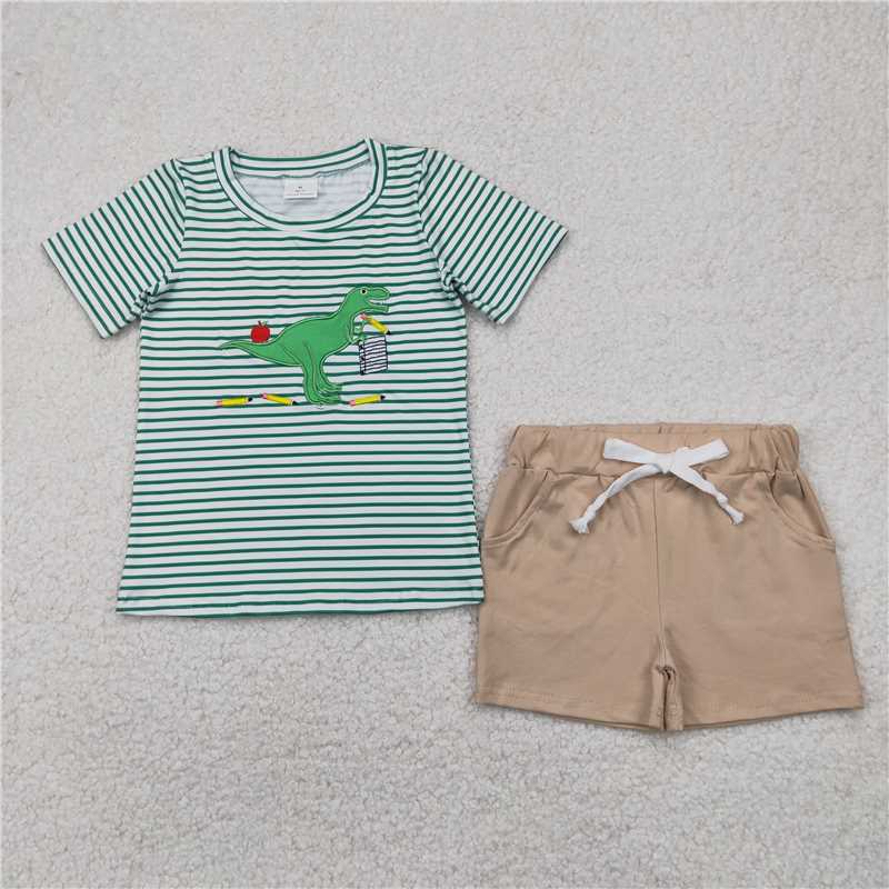12.30 RTS NO MOQ (In stock)BSSO1416 Embroidery Baby Boys Green Stripe Dinosaur Top Gray Pockets Short Clothes Sets