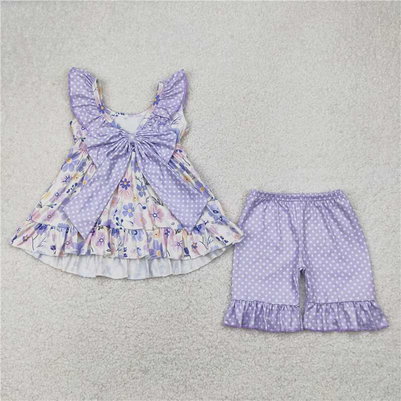 12.19 RTS NO MOQ (In stock)Matching GSSO2306 Baby Girls Lavender Flowers Bow Tunic Ruffle Shorts Clothes Sets