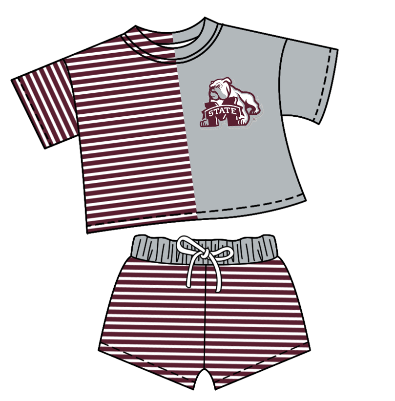 CUSTOM MOQ 5 Baby Kids Summer Red Grey Stripe Top Shorts Clothes Sets