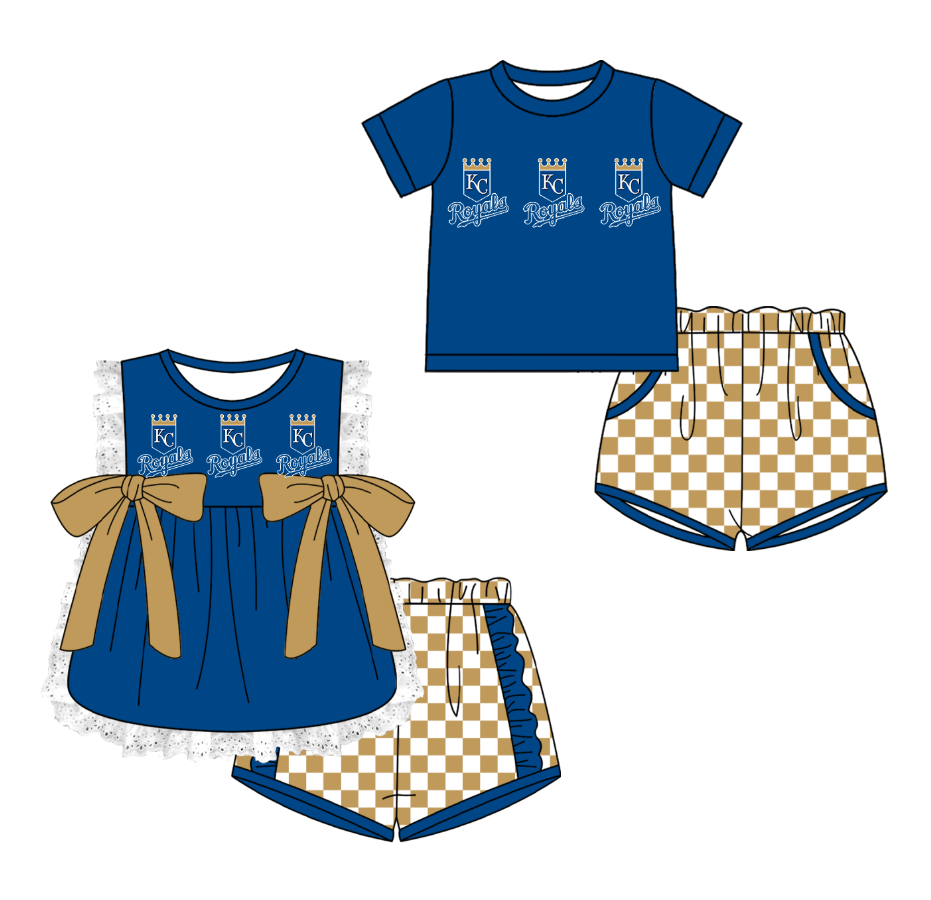 CUSTOM MOQ 5 Cute Comfortable Clothing For Kids Sibling Boys Baby Girls Summer Blue Bow Top Khaki Checked Shorts Team Clothes Sets