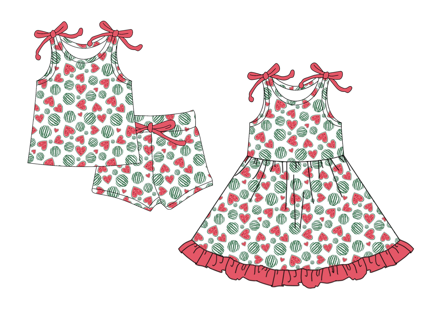 CUSTOM MOQ 5 Sibling Baby Girls Red Heart Sleeveless Top Shorts Knee Length Dress Clothes Sets