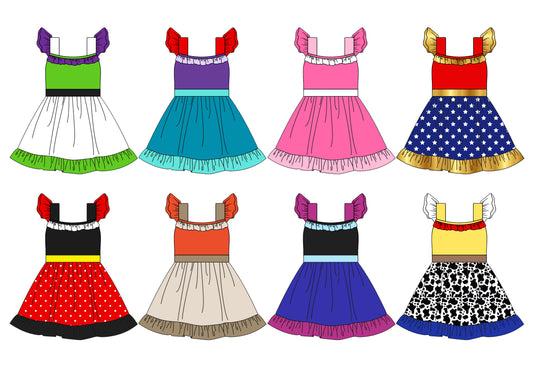 White green purple flutter sleeves ruffle princess girls dress