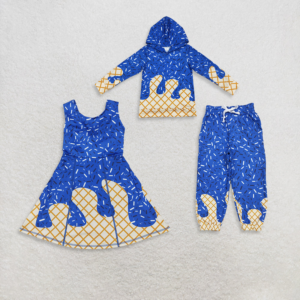 RTS Sibling Baby Girls Outfits Blue Ice Cream Sprinkle Long Sleeve Baby Kids Hoodie Pants Set Team Dress Outfit for Children