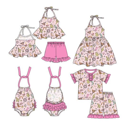 Western Girls Pajamas Set with Bow Cactus Design Halter Top And Shorts Boot Cut out Style Sleepwear for Girls