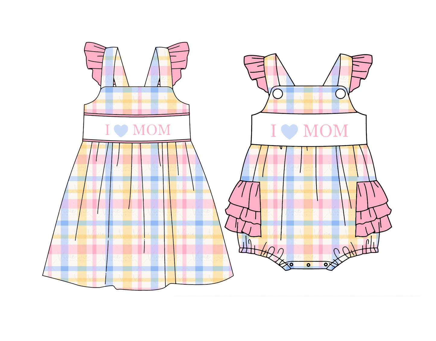 CUSTOM MOQ 5 Sibling Baby Girls Summer I Love MoM Yellow Stripe Flutter Sleeve Knee Length Dresses Ruffle Rompers