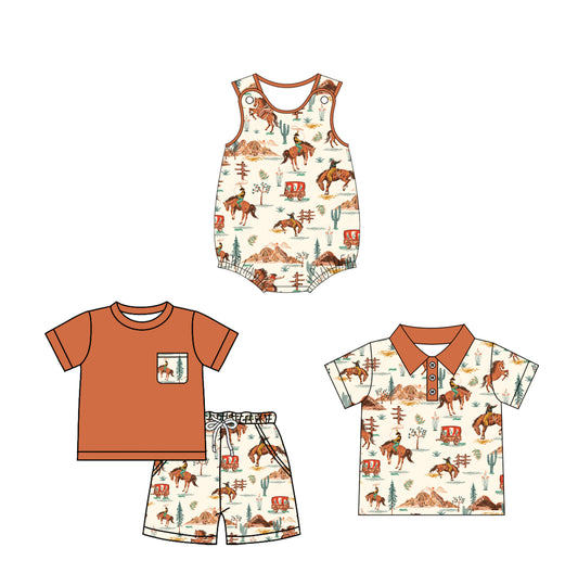 Western Boys Rodeo Cactus Print Shorts with Pocket Top Set Casual Country Style Children's Clothing for Boys