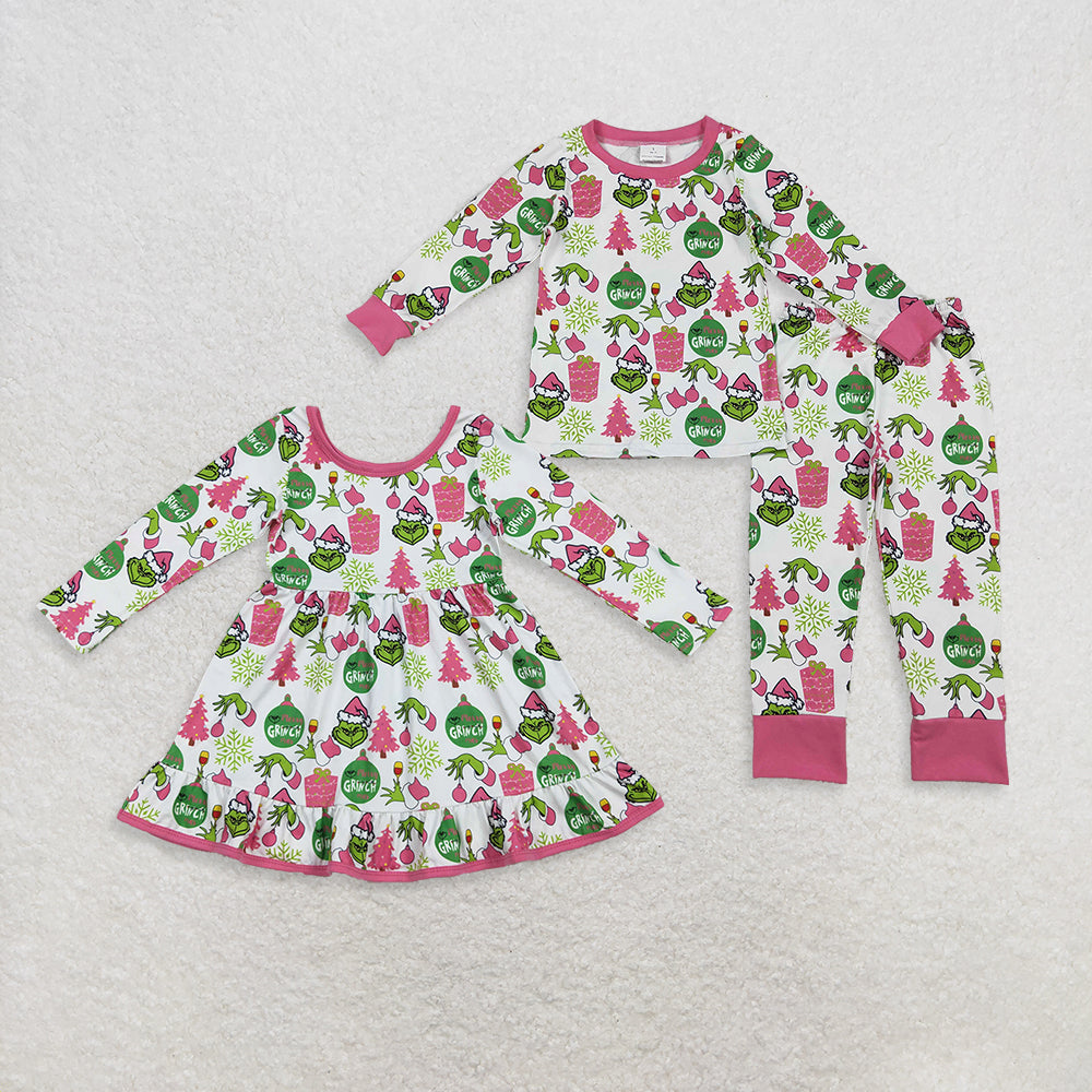 RTS Sibling Baby Girls Winter Outfits Kids Girls Green Long Sleeve Christmas Pajamas Dress Face Gift