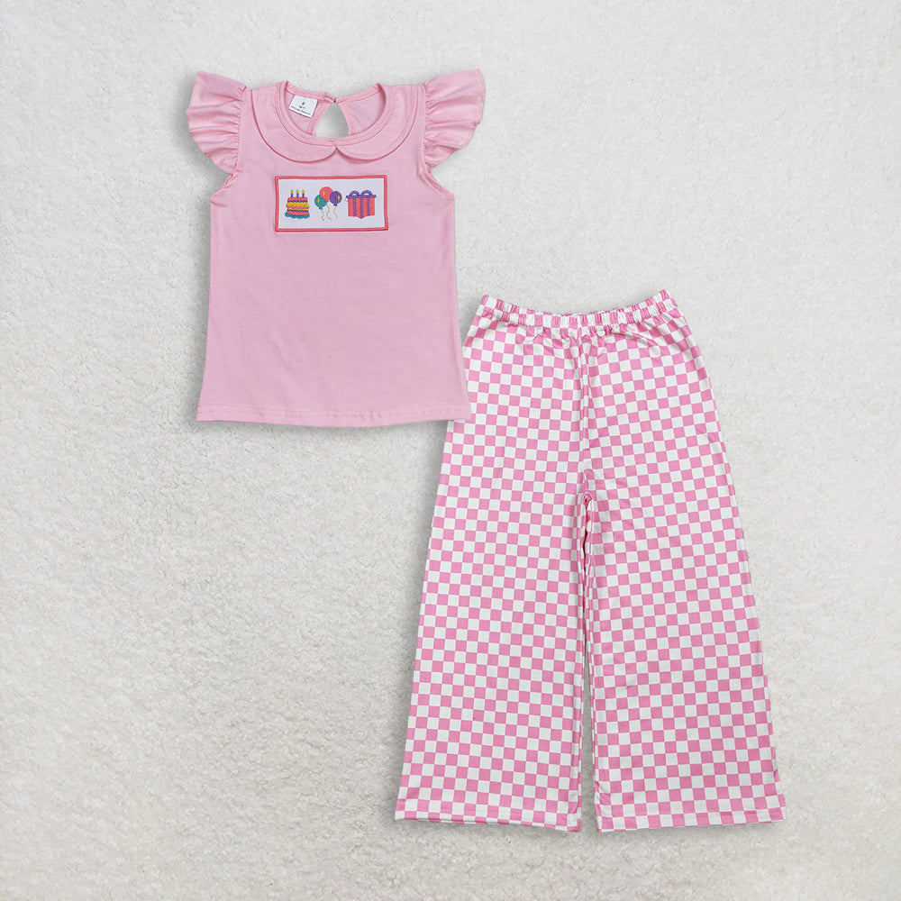 3.11 RTS NO MOQ (In stock)GT0501 + P1018 Baby Girls Birthday Pink Flutter Sleeve Tee Shirts Tops Checked Flare Pants Bottom