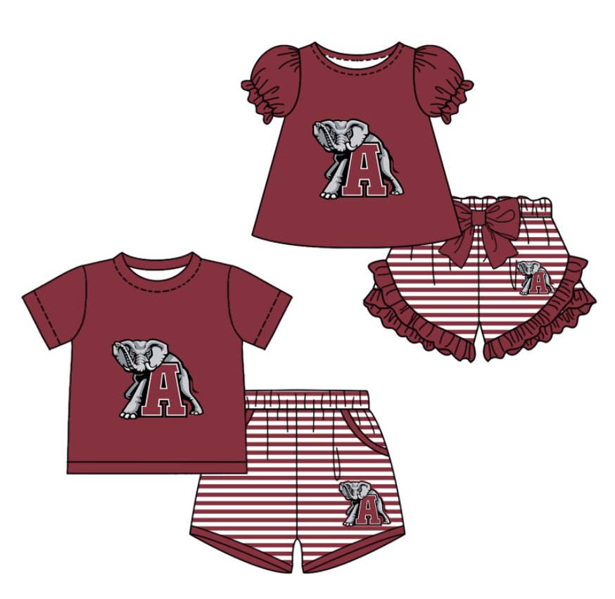 CUSTOM MOQ 5 Sibling Boys Baby Girls Dark Red A Top Stripe Shorts Clothes Sets