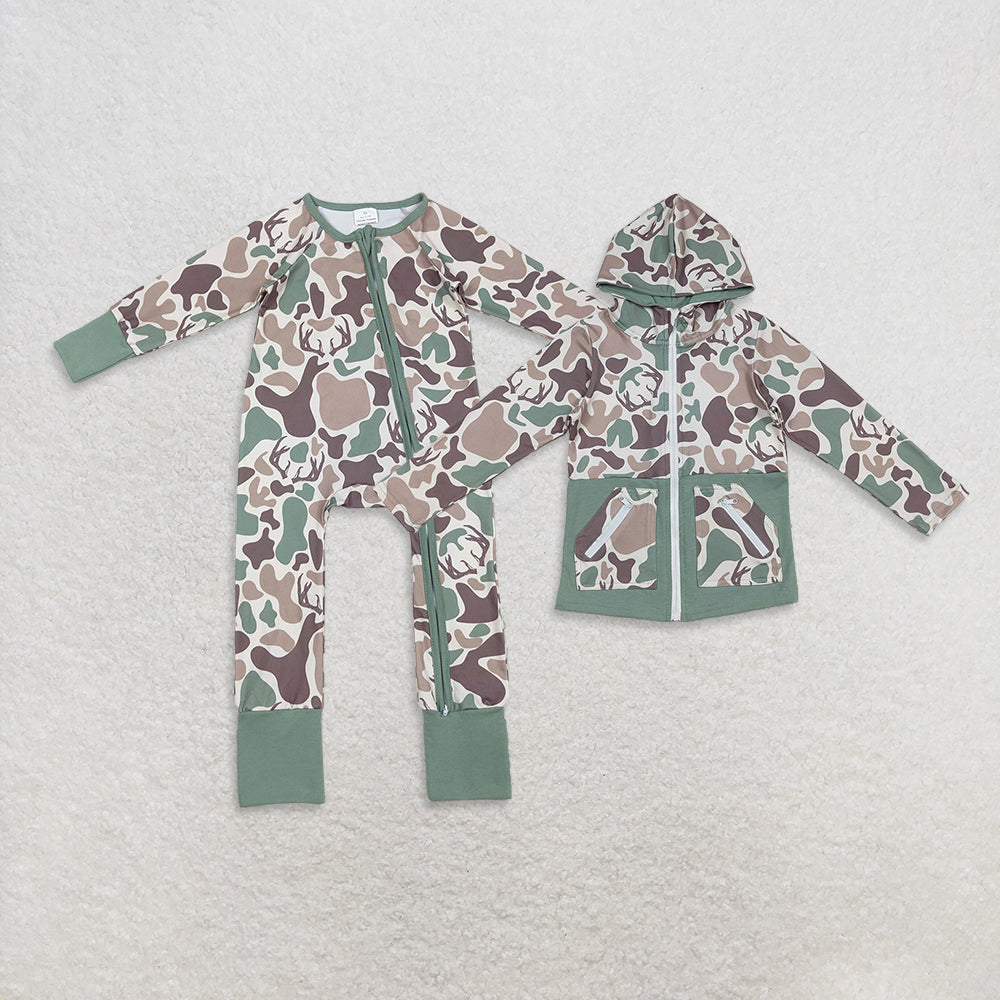 9.30 RTS Sibling Baby Boys Green Khaki Deer Camo Pockets Zipper Hoodie Jackets Zipper Rompers