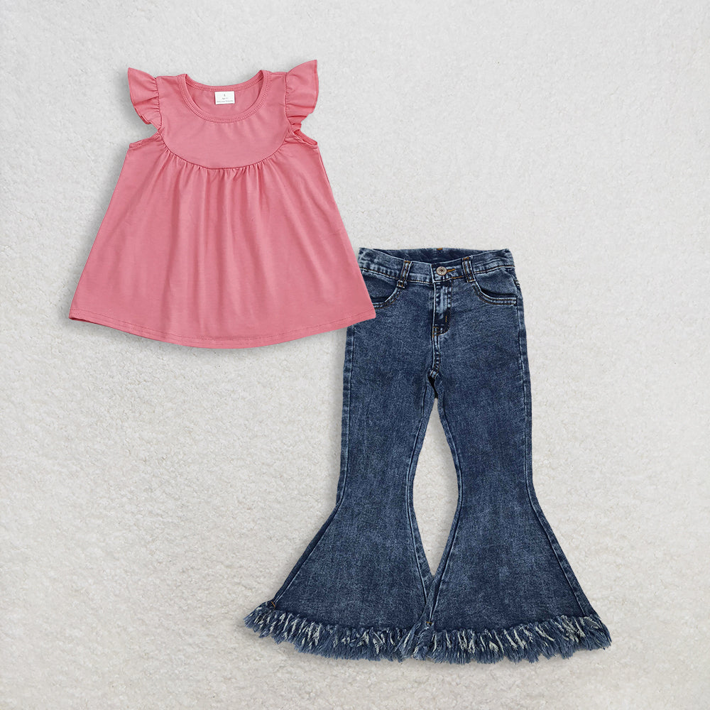 3.10 RTS NO MOQ (In stock)GT0462 + P0132 Baby Girls Dark Pink Flutter Sleeve Tunic Tops Denim Pants Jeans Clothes Set