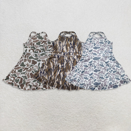 USA Warehouse (IN STOCK) Girls Grey Camouflage Straps Ruffle Athletic Dress Deer Duck Theme Kids Sportswear Casual Skirt for Girls